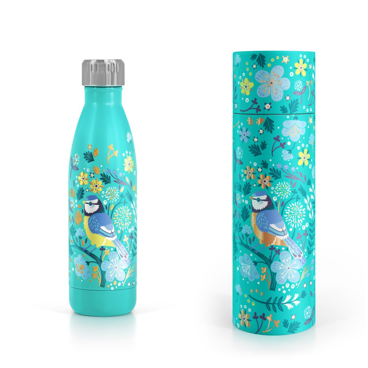 Tipperary Crystal Birdy Metal Water Bottle - Blue Tit  The Birdy Collection is a series of 6 exclusively commissioned illustrations inspired by native Irish birds; Bullfinch, Goldfinch, Blue tit, Greenfinch, Kingfisher and Robin.