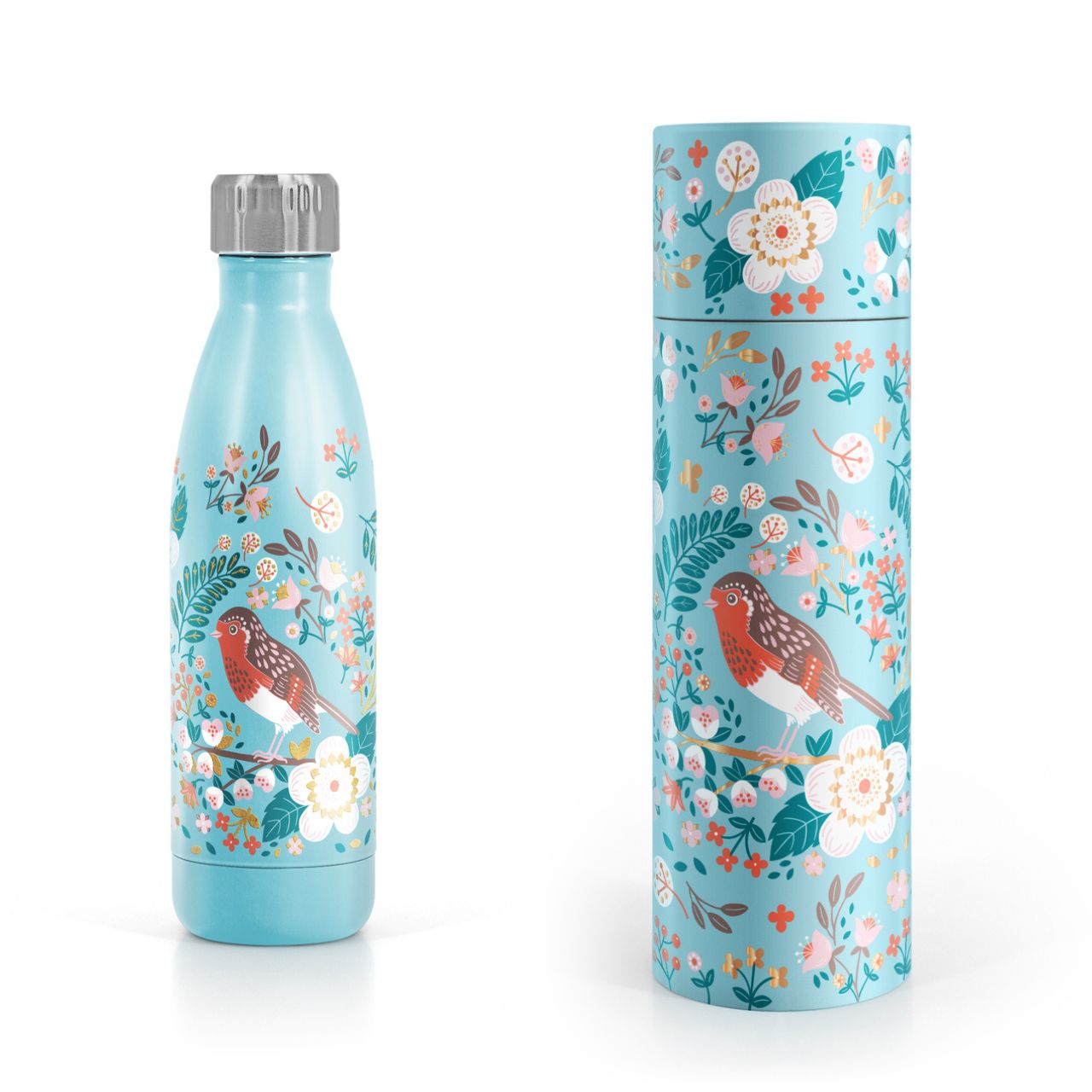 Tipperary Crystal Birdy Metal Water Bottle - Robin  The Birdy Collection is a series of 6 exclusively commissioned illustrations inspired by native Irish birds; Bullfinch, Goldfinch, Blue tit, Greenfinch, Kingfisher and Robin.