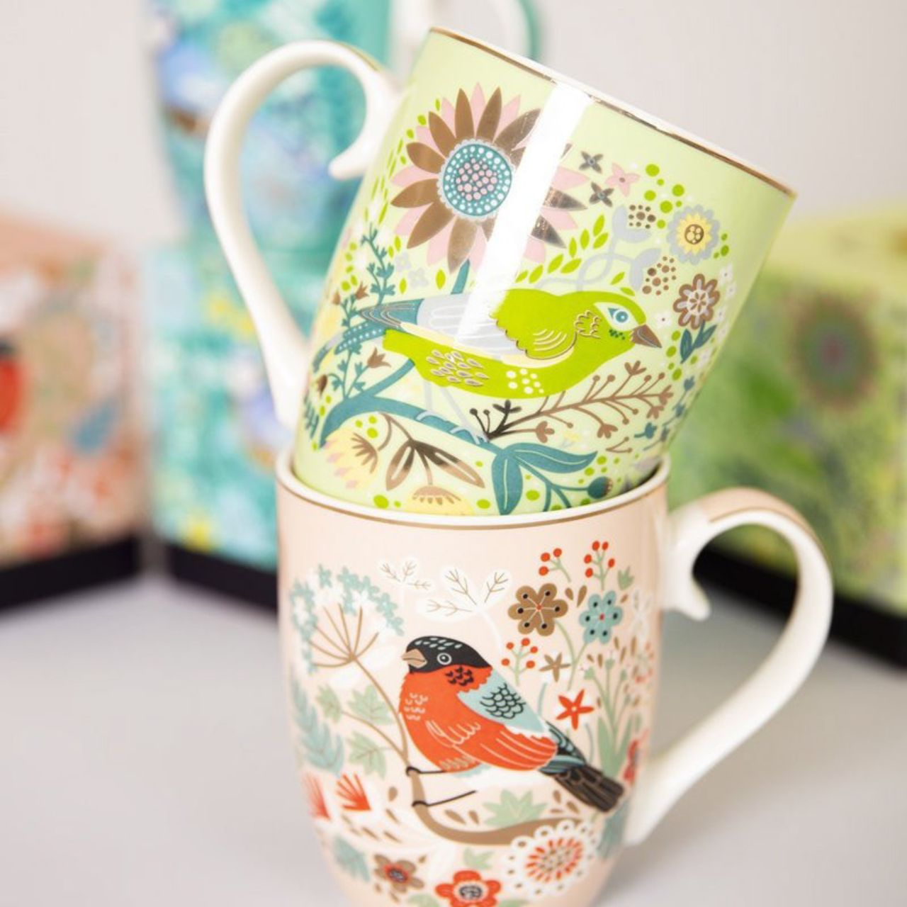 Tipperary Crystal Birdy Set Of 6 Mugs In Hat Box  The Birdy Collection is a series of 6 exclusively commissioned illustrations inspired by native Irish birds; Bullfinch, Goldfinch, Blue tit, Greenfinch, Kingfisher and Robin.