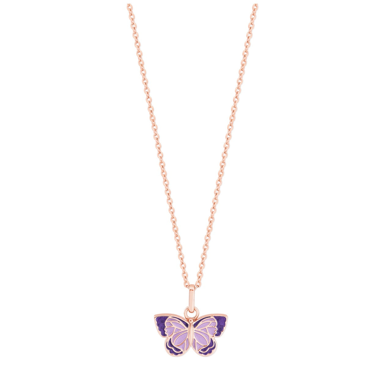 Tipperary Crystal Butterfly Purple & Rose Gold Pendant  This exquisite piece consists of a polished rose gold butterfly filled with dark purple and lilac pearlescent enamel, it suspends from a shimmering rose gold 45cm cable chain with adjustable slider to get the perfect fit.