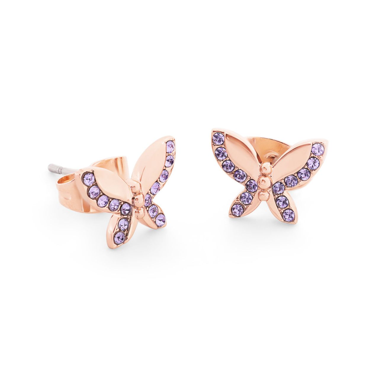 Tipperary Crystal Butterfly Stud Earrings Purple  These pretty butterfly stud earrings can be worn alone or with matching necklace. Sparkling amethyst czs are set delicately on the wings. They secure comfortably with push backs.