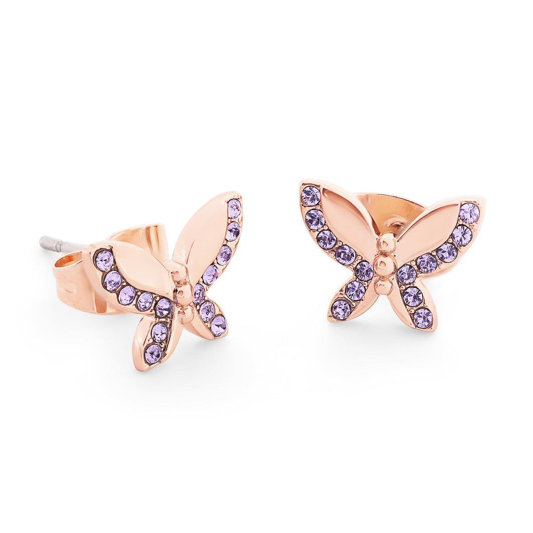 Tipperary Crystal Butterfly Stud Earrings Purple  These pretty butterfly stud earrings can be worn alone or with matching necklace. Sparkling amethyst czs are set delicately on the wings. They secure comfortably with push backs.