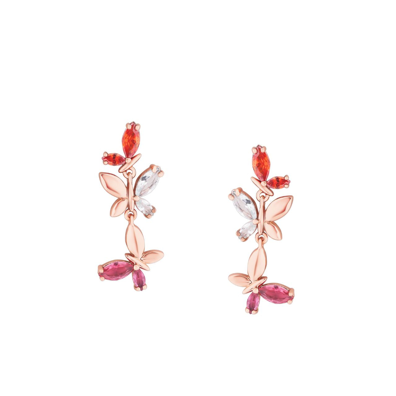 Tipperary Crystal Butterfly Rose Gold 3 Butterfly Drop Earrings  These Tipperary Crystal Butterfly Rose Gold Drop Earrings feature three gorgeous butterflies with cubic zirconia wings and rose gold plated bodies. Their intricate design and luxurious finish make them an eye-catching accessory for any outfit.