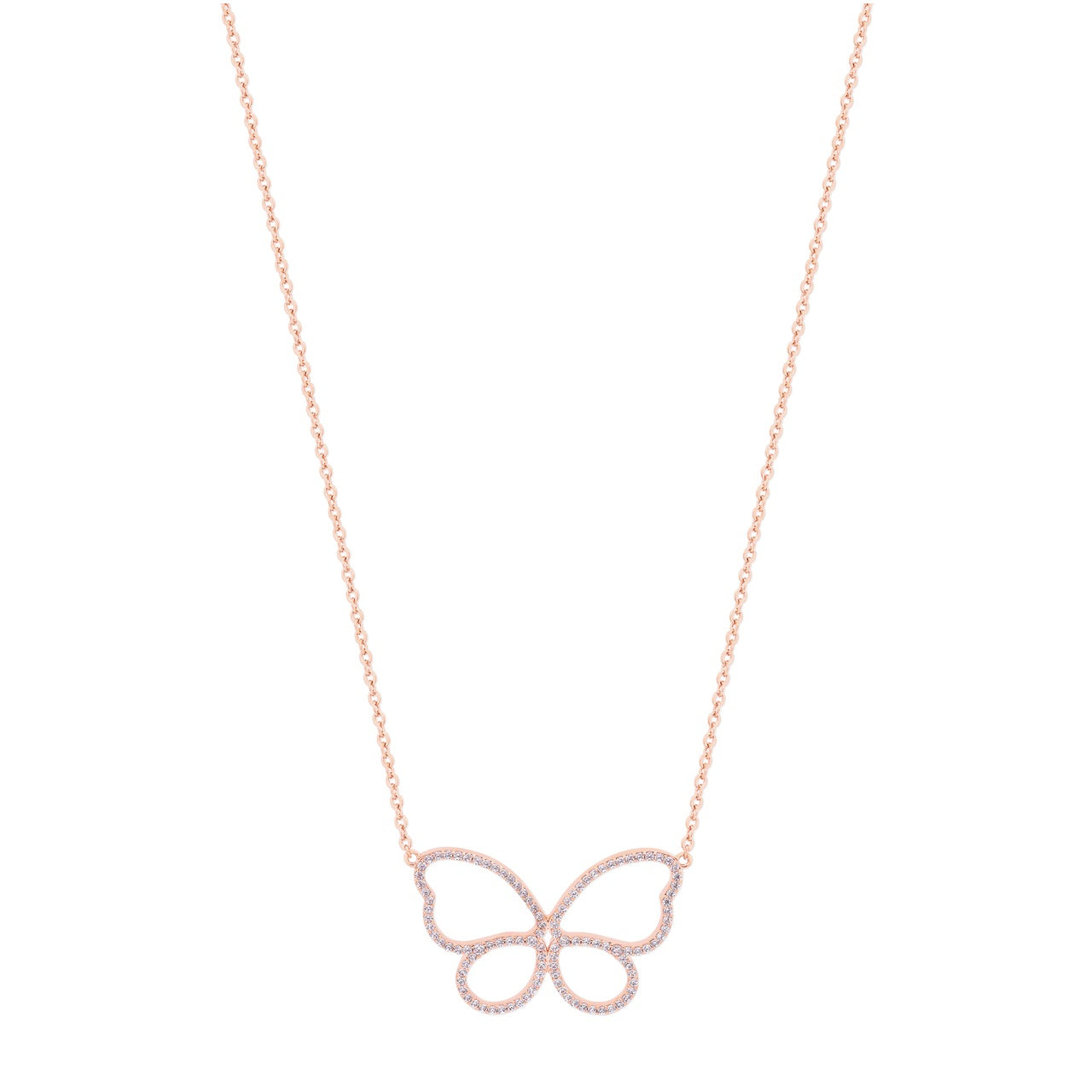 Tipperary Crystal Butterfly Rose Gold Pendant With Diamond  This rose gold open butterfly pendant is completely lined with a single row of clear cut crystal stone, all of the same size