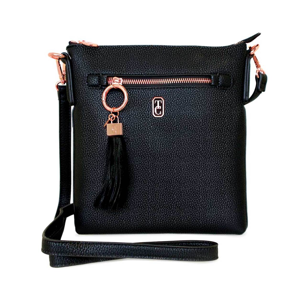 Tipperary Crystal The Chelsea Cross Body Pouch Black  The versatile and trendy Chelsea can be worn as a cross body and also over the shoulder. The Chelsea has an adjustable strap and easily accessible outside pocket and secure front zip pocket. Metal hardware detail finish off this stylish bag in rose gold or yellow gold.
