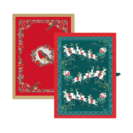 Tipperary Crystal Christmas T-Towels Set of 2 - Santa Sleigh & Robin  Gather your loved ones for a holiday celebration to remember. Our Christmas Tableware is made to bring festive happiness to lunch, dinner and every meal in between. Tipperary wishes to make these moments even more magical