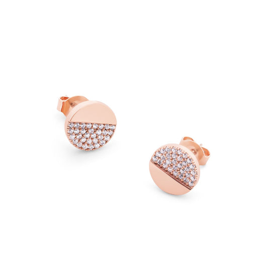 Circle Pave Rose Gold Half Pave Stud Earrings by Tipperary Crystal  Adorned with sparkling crystals, Tipperary Crystal's elegant Circle Pave Rose Gold Stud Earrings will enhance any ensemble.