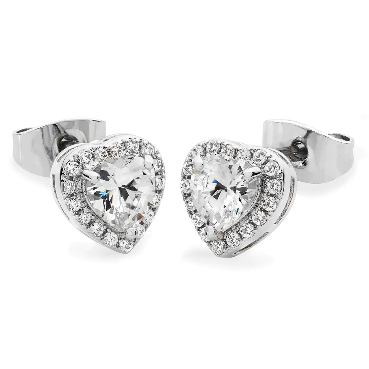 Tipperary Crystal Diamante Heart Stud Earrings Silver  Crafted in silver, each eye-catching stud earring features an enchanting heart-shaped clear crystal center stone framed with a border of shimmering crystal accents. Buffed to a bright lustre, these earrings secure comfortably with push backs.