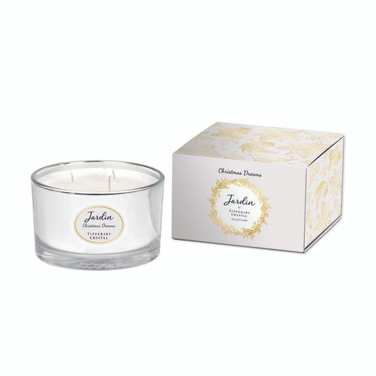 Tipperary Crystal Jardin 3 Wick Candle - Christmas Dreams  Sandalwood and Cardamon infused, this indulgent fragrance opens with fresh notes of cardamom and sparkling lemon, balanced with a heart of orange blossom on a base of deep and rich sandalwood.