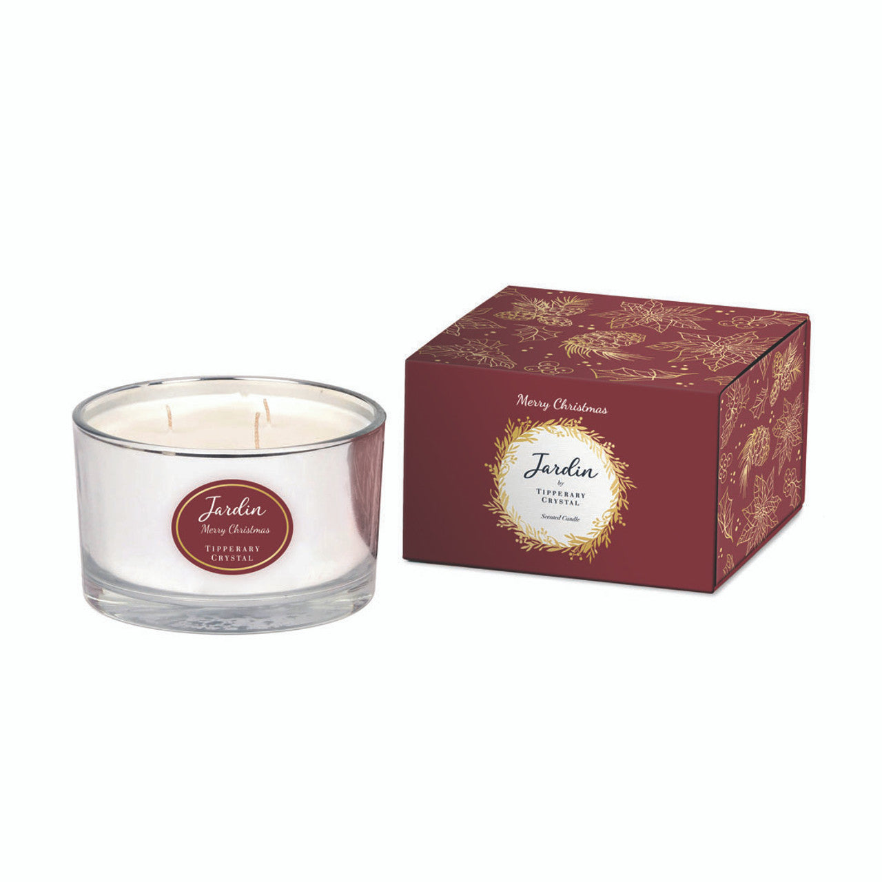 Tipperary Crystal Jardin 3 Wick Candle - Merry Christmas  This scent is a blend of Orange, Almond, Lime and Lemon that then gives way to the main body fragrance of Red Berry, Cinnamon and Nutmeg. Bringing Christmas to life!  Inspired by the warm, spicy aromas of the festive season Tipperary Crystal have produced the most beautiful collection of Christmas inspired scented candles and fragrance diffuser sets all of which are presented in exquisitely designed festive gift boxes.