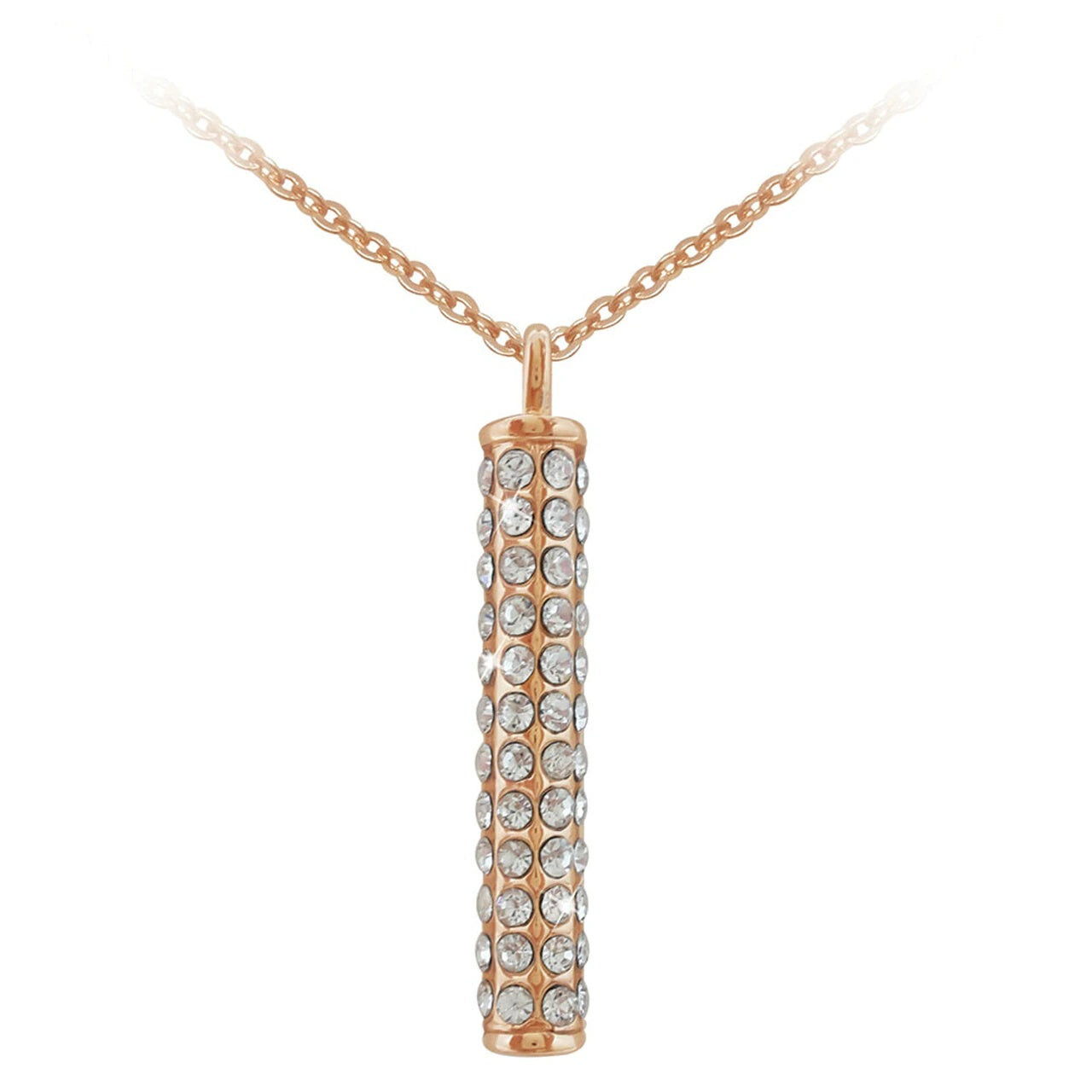 Tipperary Crystal Rose Gold Bar Pendant  Simple yet chic, this glistening pendant is an attractive addition to any jewellery collection. Fashioned in on-trend rose gold, the cylindrical drop is daintily suspended from its cable chain.
