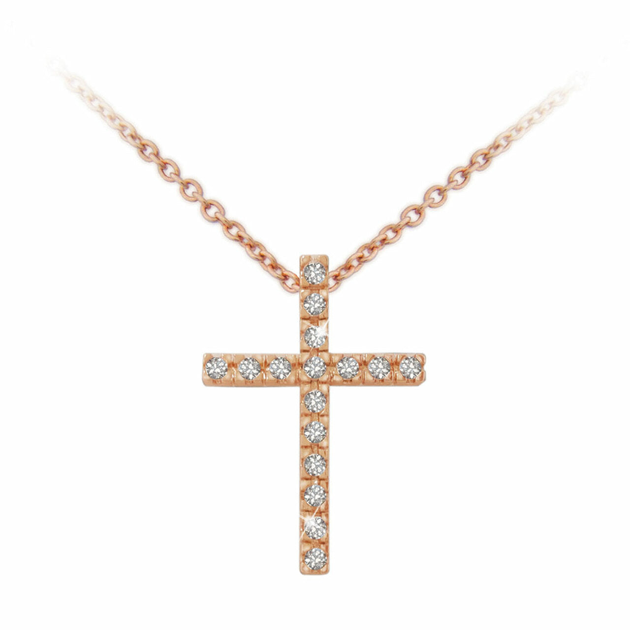 Tipperary Crystal Rose Gold Fine Cross Pendant  Expertly crafted in precious rose gold, this traditional cross is an elegantly subtle expression of faith. It is completely lined with a single row of glittering clear crystal accents. Each small crystal has been cut to add sparkle and brilliance to this simple yet symbolic pendant. The cross is finished with a polished shine and suspends freely along a rose gold cable chain which secures with a durable lobster claw clasp.