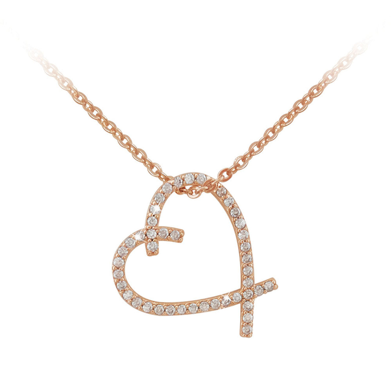 Tipperary Crystal  Rose Gold Freehand Heart Pendant  This rose gold open heart pendant has an interesting cross over design at the top and bottom, with the curvatures of each side of the heart crossing over as they meet. The heart is completely lined with a single row of clear cut crystal stones, all of the same size.