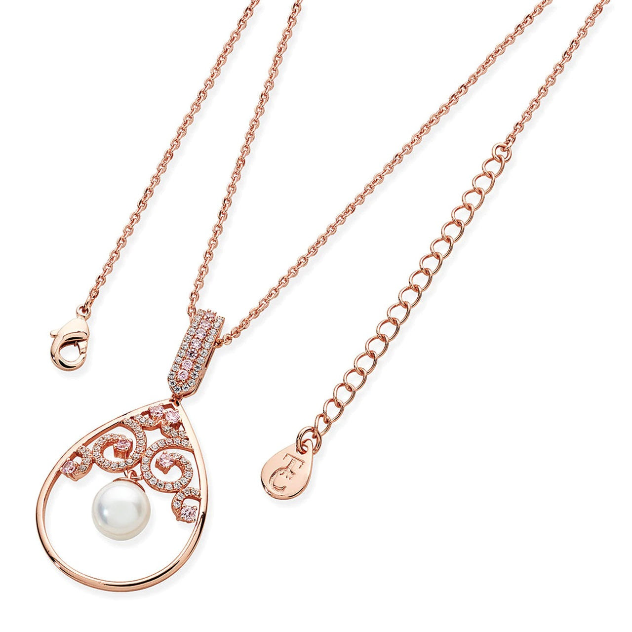 Tipperary Crystal Rose Gold Ornate Swirl Pink Cz Pendant  The most stunning pendant in our collection yet. Suspending from a crystal lined bale a stunning tear-drop shaped frame encapsulates a beautiful swirl design of pink crystals. Suspending from this is an 8mm light pink shell pearl, this suspends from a rose gold cable chain that secures safely with a lobster claw clasp and a TC branded fob.