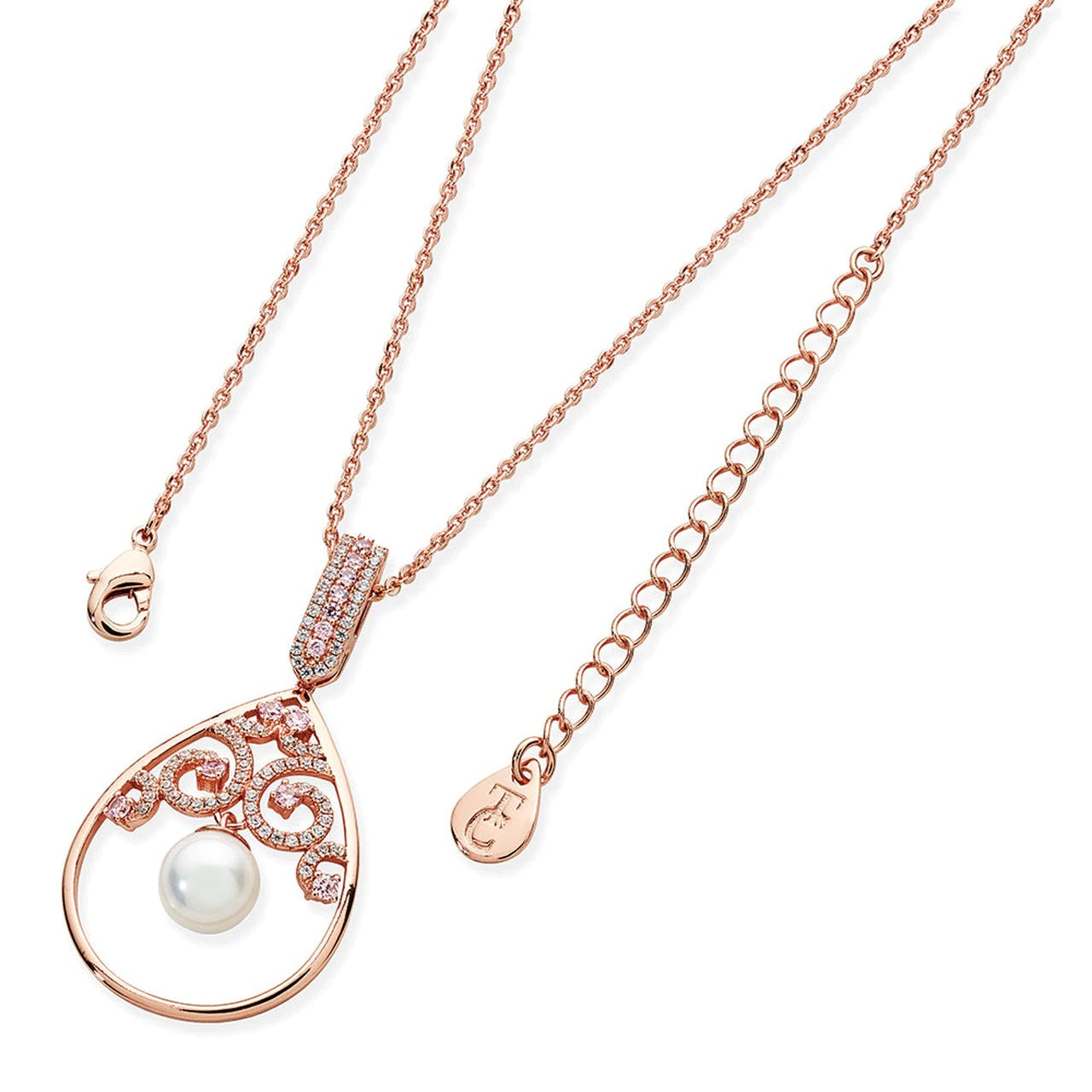 Tipperary Crystal Rose Gold Ornate Swirl Pink Cz Pendant  The most stunning pendant in our collection yet. Suspending from a crystal lined bale a stunning tear-drop shaped frame encapsulates a beautiful swirl design of pink crystals. Suspending from this is an 8mm light pink shell pearl, this suspends from a rose gold cable chain that secures safely with a lobster claw clasp and a TC branded fob.