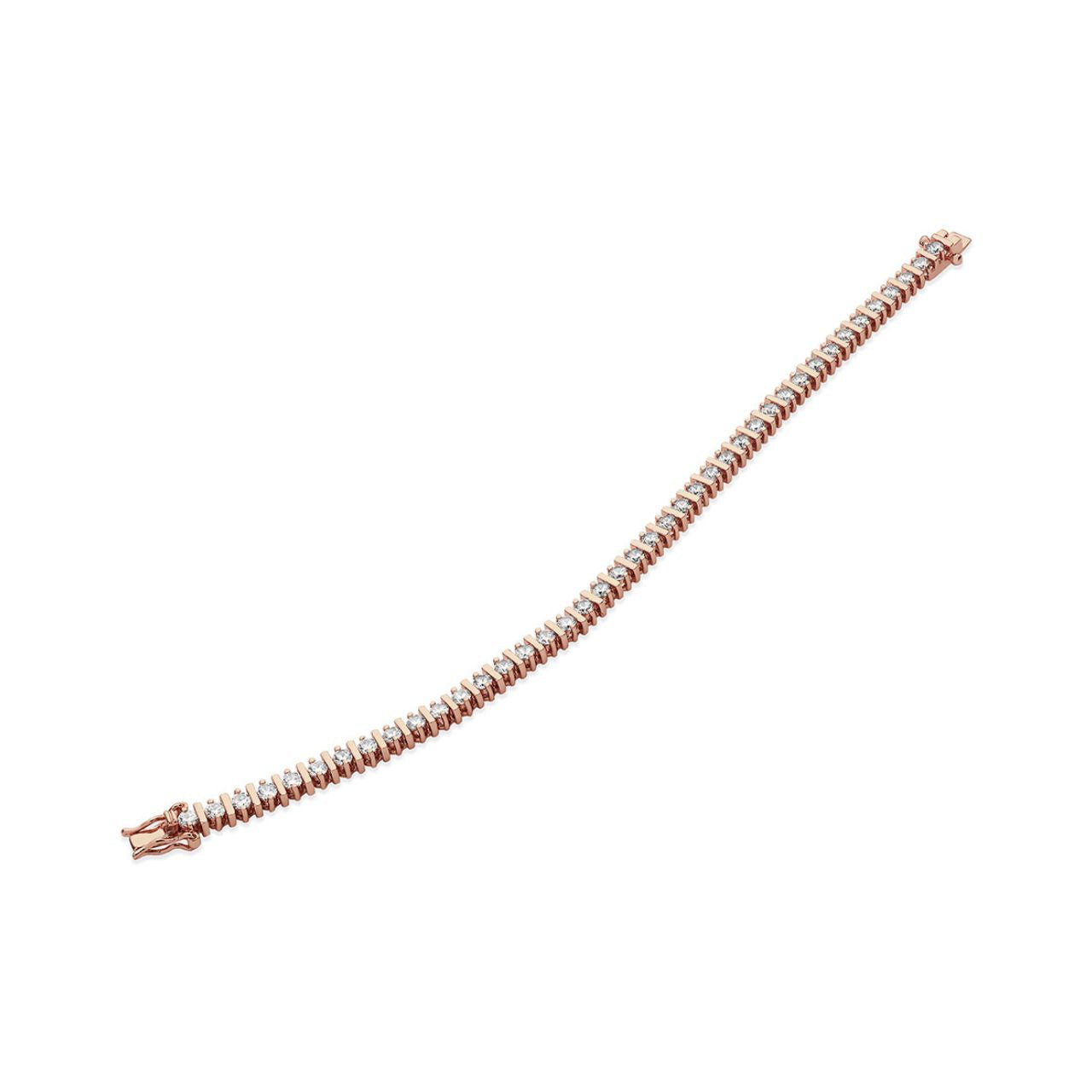 Tipperary Crystal Round Pillar Tennis Bracelet - Rose Gold  A stylish yet modern take on the traditional tennis bracelet. This simply chic style will add glamour to any look. Fashioned in sleek silver or warm rose gold, alternating two prong set crystals and smooth square links create an eye catching and unusual look perfect for any time wear.