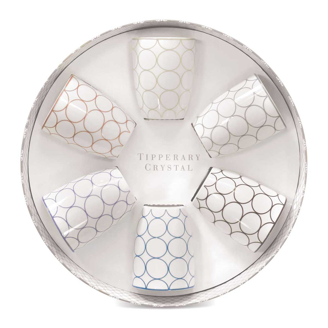Tipperary Crystal Set Six Circle Mugs in Hatbox  Tipperary Crystal ceramics are made from bone china which gives the ceramic a clean, white finish. Stack crockery separately from other items such as cutlery, saucepans or glass. Over washing will cause the glaze to dull and the design to fade.