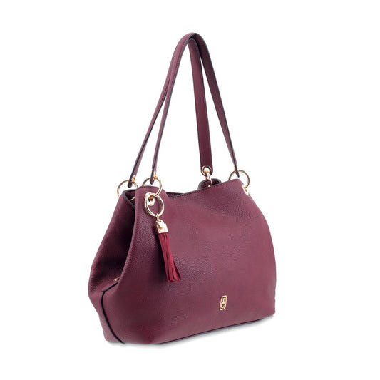 Tipperary Crystal Sicily Burgundy Tote Bag  Tote Bag - Sicily Burgundy (Yellow gold hardware)  Our effortless Sicily Shoulder Bag is so comfortable you’ll want to carry it everywhere. This bag is crafted using soft pebbled leather look PU, the contrast of this with the metal hardware makes for a very attractive and practical bag.
