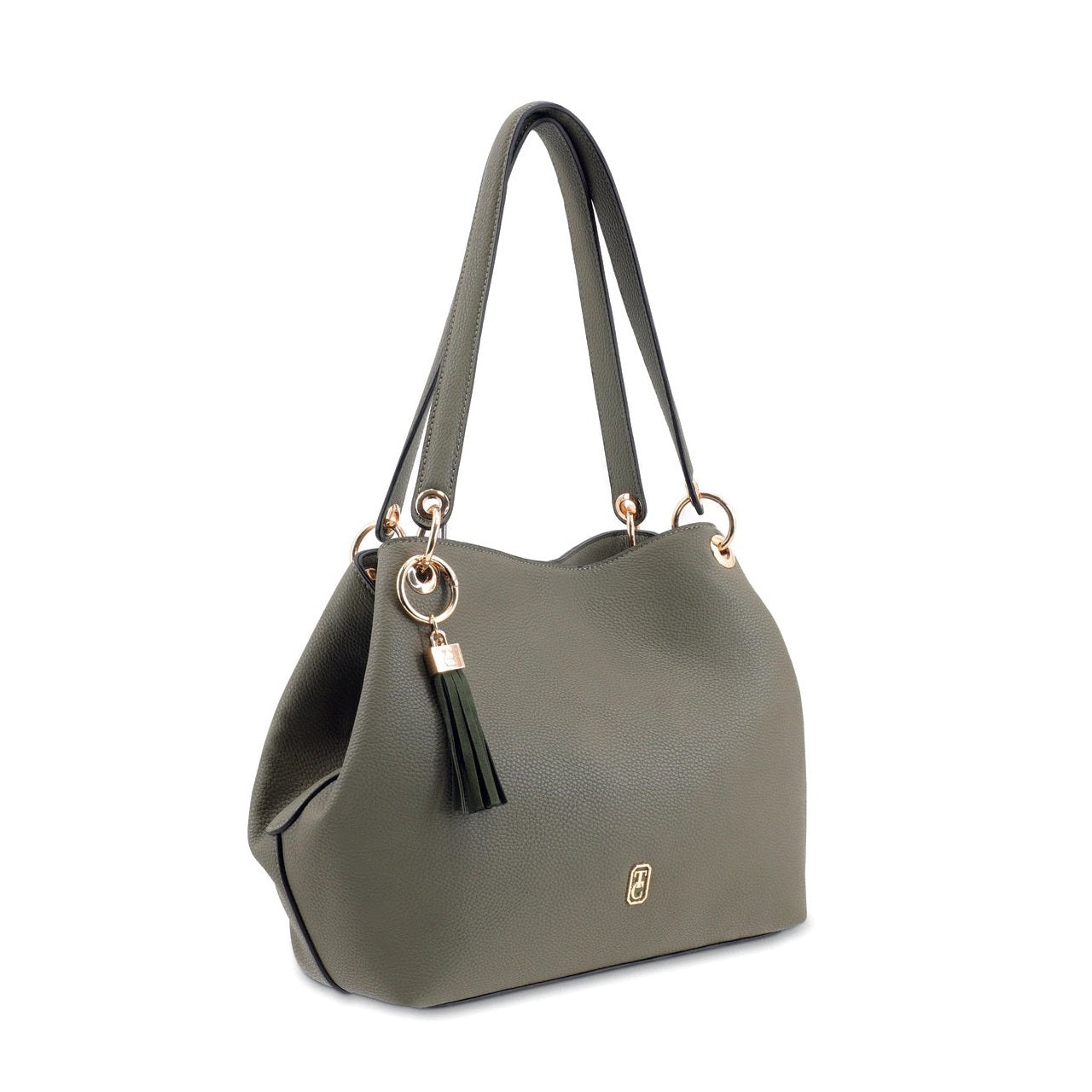 Tipperary Crystal Sicily Olive Tote Bag  Tote Bag - Sicily Olive (Yellow gold hardware)  Our effortless Sicily Shoulder Bag is so comfortable you’ll want to carry it everywhere. This bag is crafted using soft pebbled leather look PU, the contrast of this with the metal hardware makes for a very attractive and practical bag.