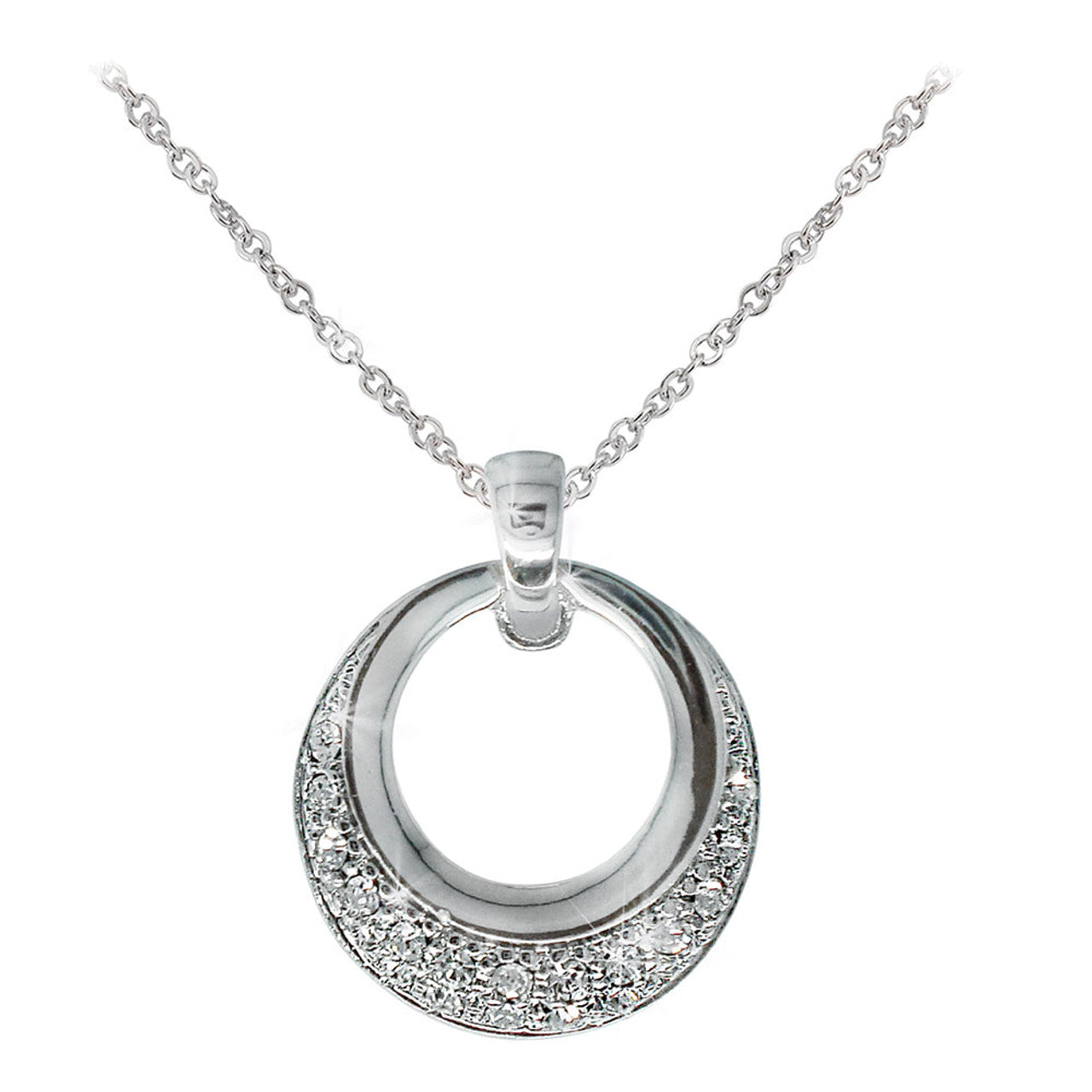Tipperary Crystal Silver Circle Polished & Pave Pendant  Simple yet sophisticated, this open circle silver pendant makes a serious statement of style. The design features a sleek, highly polished inner circle bordered with an outer circle completely lined with shimmering clear crystal pavé accents.