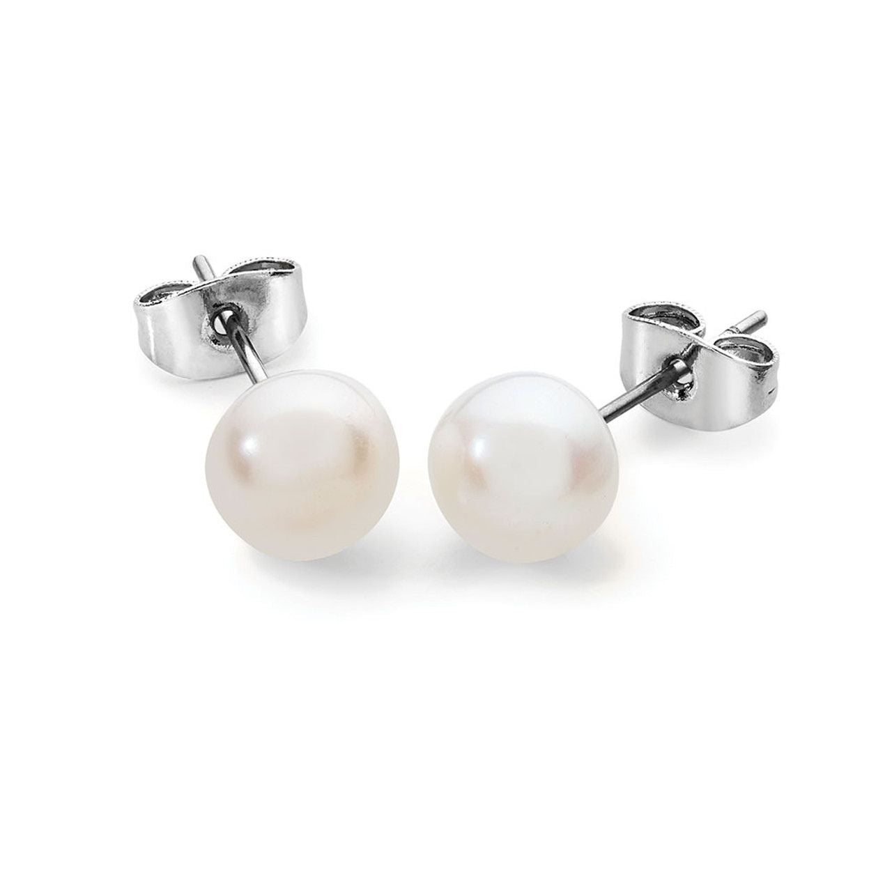Tipperary Crystal Silver Medium Pearl Studs 8mm  These classic pearl stud earrings are a staple piece of jewellery in anyone’s jewellery box. Each shell pearl is cushioned in shape to give a more chic understated appearance, they can be worn casually or indeed worn with one of our more dramatic neckpieces to create an even more dramatic look.