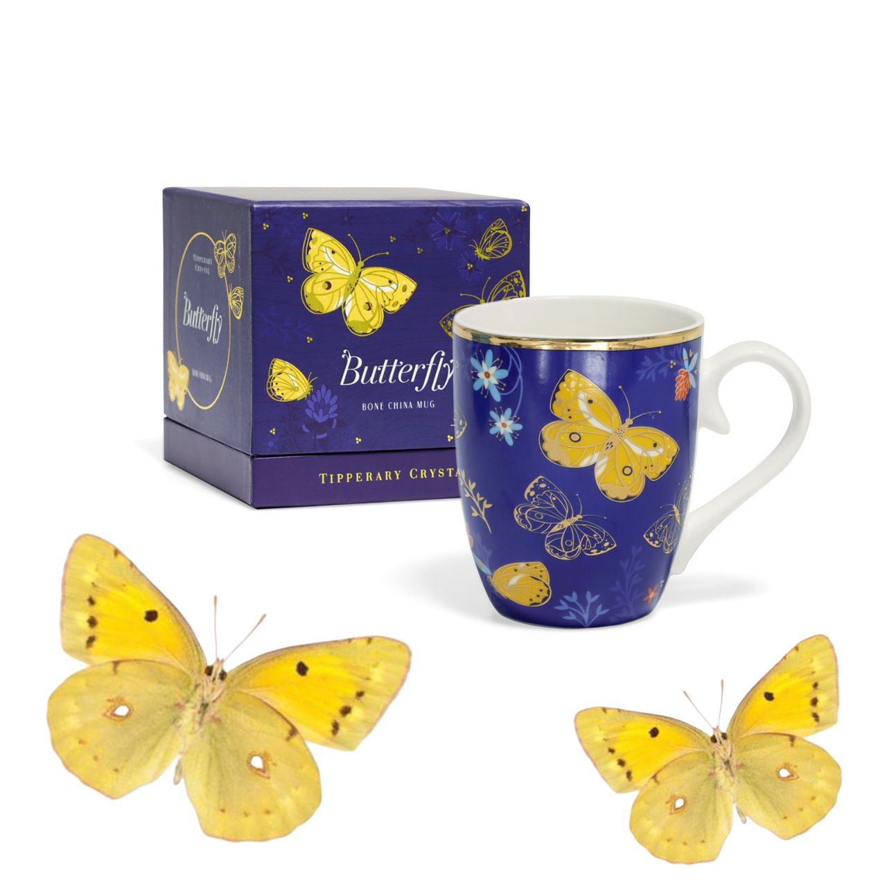 Tipperary Crystal Single Butterfly Mug - The Clouded Yellow  Drawing inspiration from urban garden, the Tipperary Crystal Butterfly collection transforms an icon into something modern and unexpected. Playful and elegant, this collection draws from the inherent beauty of the butterfly.