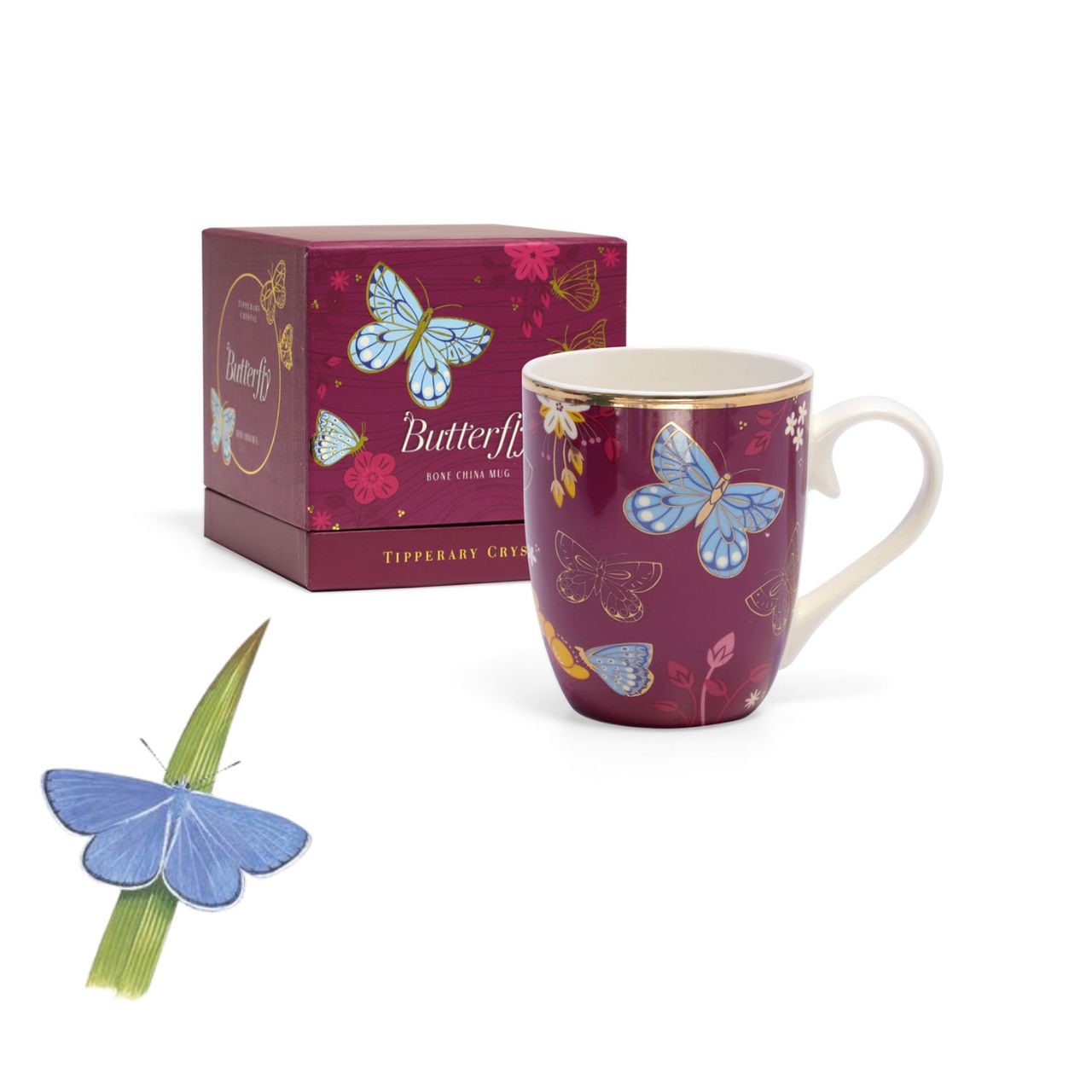 Tipperary Crystal Single Butterfly Mug - The Common Blue  Drawing inspiration from urban garden, the Tipperary Crystal Butterfly collection transforms an icon into something modern and unexpected. Playful and elegant, this collection draws from the inherent beauty of the butterfly.