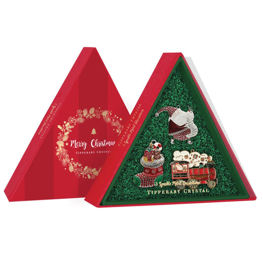 Sparkle Christmas Decorations Green Insert S/3 - Santa, Stocking & Train - NEW 2022  We just Love Christmas! The festive season, the giving of gifts, creating memories and being together with family and loved ones. Have lots of fun with our lovingly designed and created Christmas decorations, each one has a magic sparkle of elf dust!