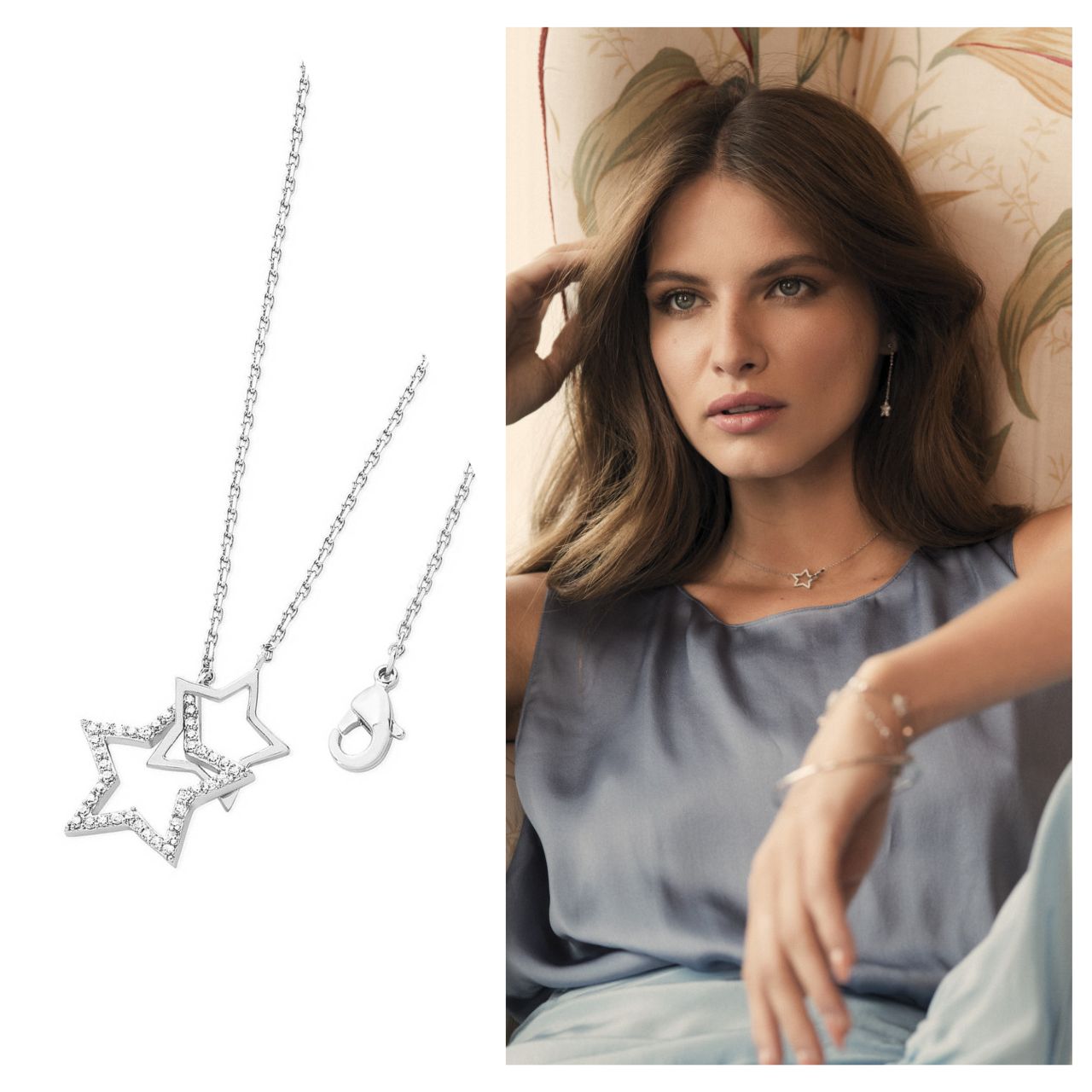 Tipperary Crystal Star Interlocking Pendant Silver  Description These on-trend interlocking stars come in silver. A larger crystal encrusted star is interlocked with a lustrous polished gold star. This pendant suspends from a cable chain which secures safely with a lobster claw clasp.
