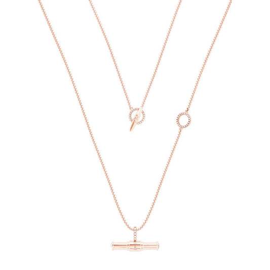 T-Bar Toggle Pendant Rose Gold by Tipperary  This T Bar Pendant is crated from Rose Gold and has a crystal inlaid circle T bar fix to hold the Chain. An additional crystal inlaid circle on the chain adds a touch of class. T Bar design hangs from a sliding toggle.