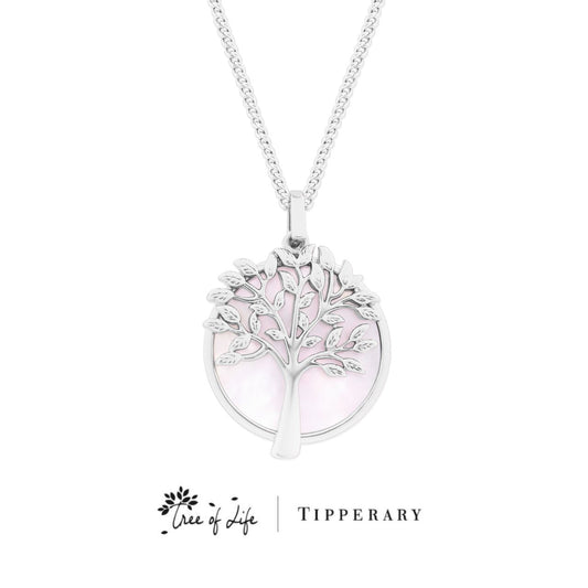 Tipperary Crystal Tree of Life & Mother of Pearl Silver Pendant  The tree of life is a symbol of a fresh start on life, positive energy, good health and a bright future. The symbolism of the Tree of Life is ultimately about the forces of nature combining to create balance and harmony. The branches reach for the sky, the roots reach down into the ground.
