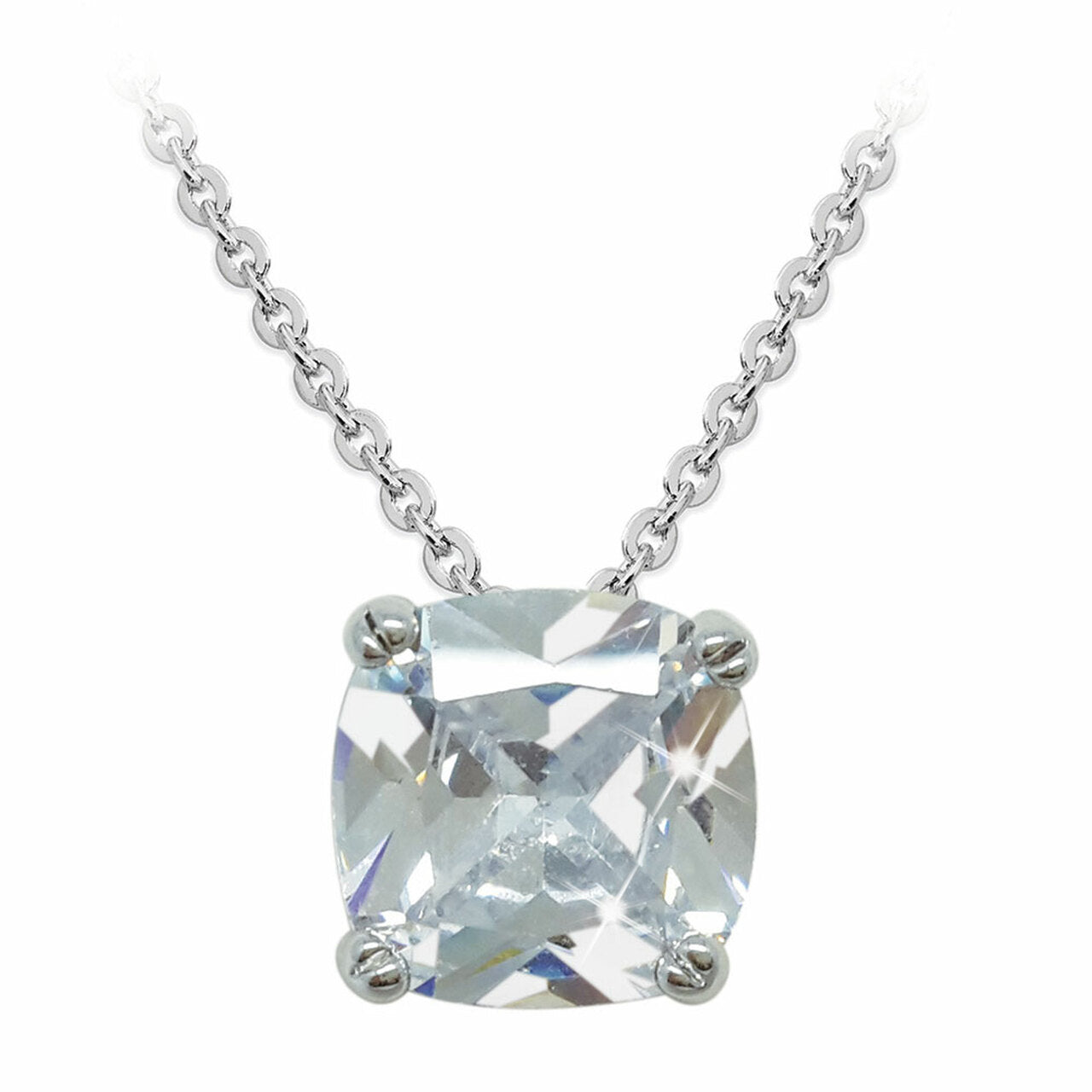 Silver Square Drop Pendant With Clear Stone by Tipperary  Darling and elegant, this simple pendant is truly enchanting. Crafted in cool silver, the sparkling princess-cut solitaire pendant glistens in it’s sleek four prong setting.