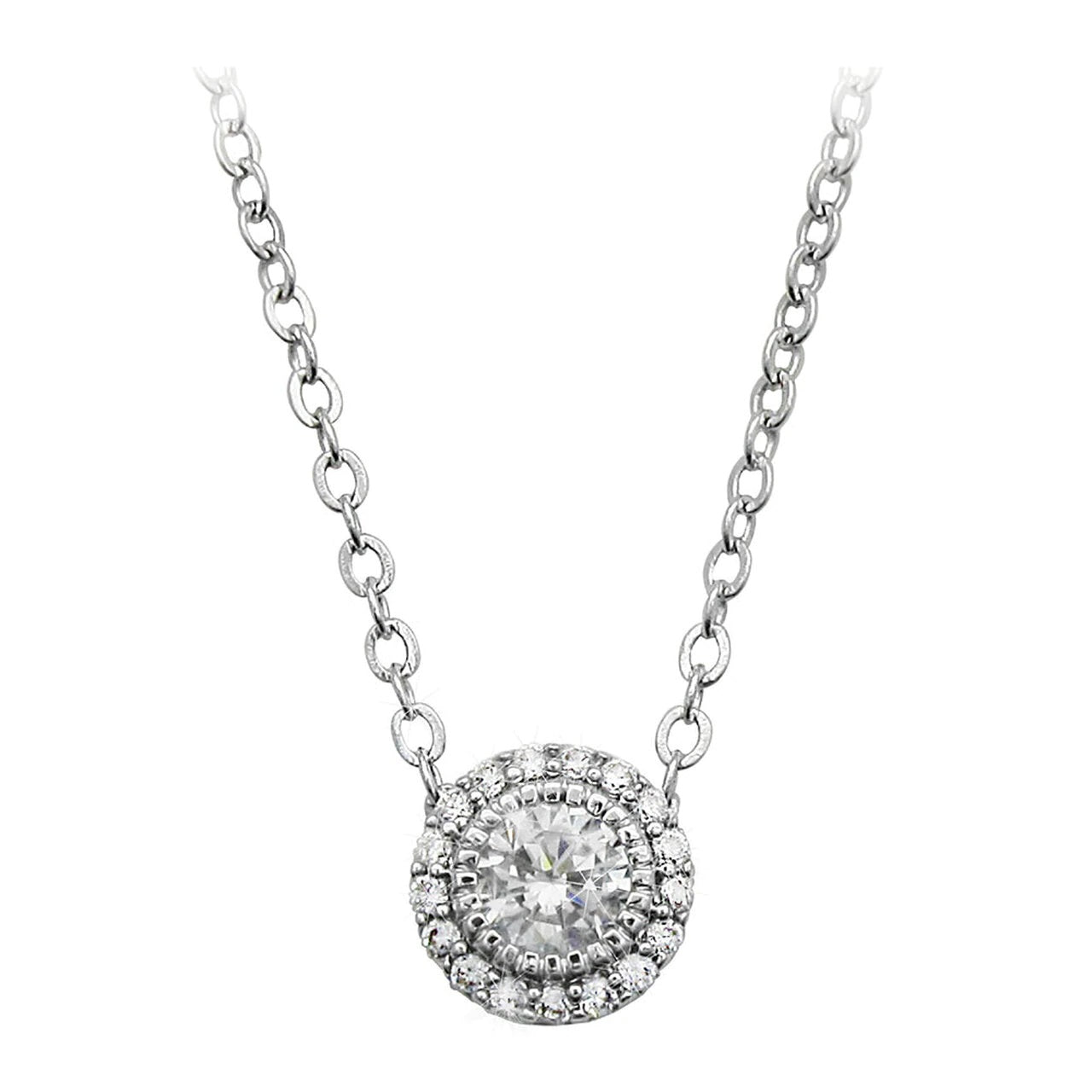 Tipperary Crystal Silver Stud Cz With Pave Surround Pendant  Classically feminine this elegant pendant is fashioned in timeless silver. The eye-catching piece features a round clear crystal center stone. Glittering clear crystals form a circular halo frame adding just the right amount of sparkle. 