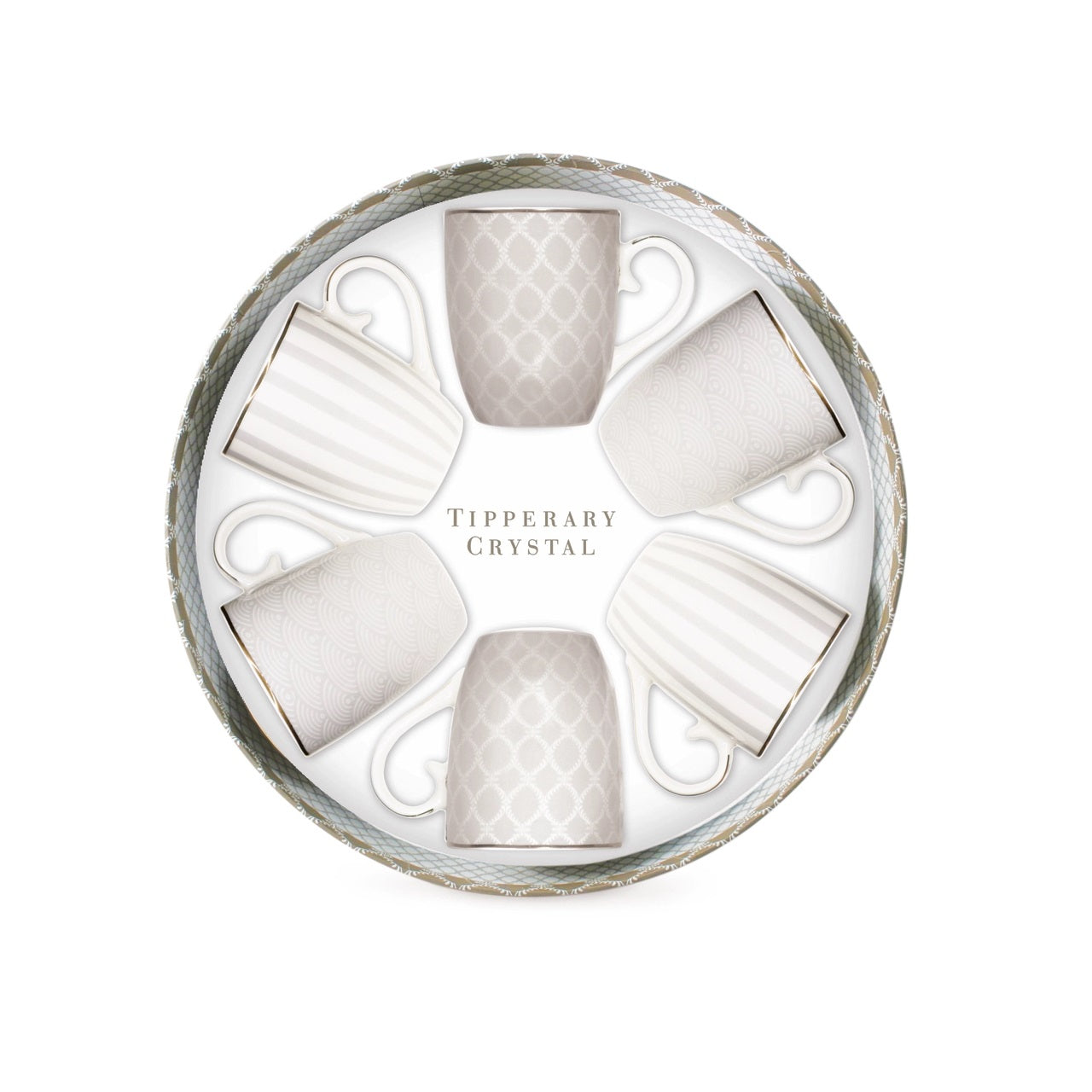 Tipperary Crystal Stripe, Net & Rainbow - Grey Set of 6 Mugs  Tipperary Crystal ceramics are made from bone china which gives the ceramic a clean, white finish. Stack crockery separately from other items such as cutlery, saucepans or glass. Over washing will cause the glaze to dull and the design to fade.