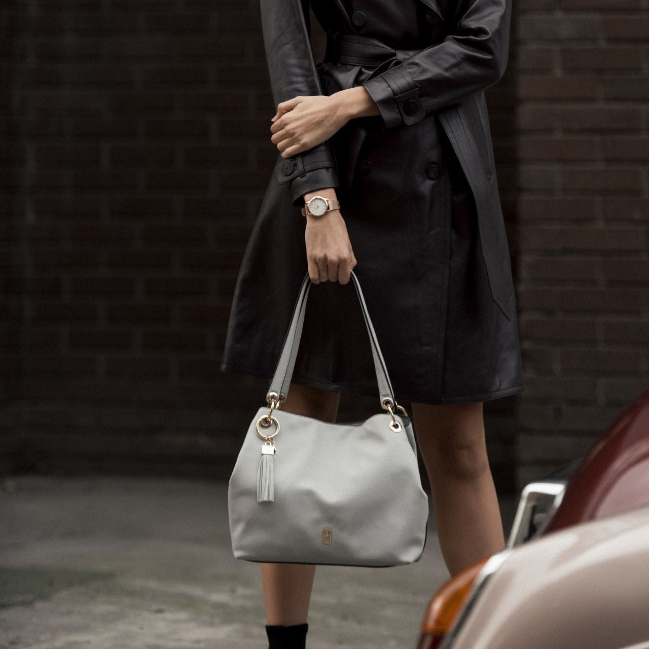 Tipperary Crystal Tote Bag - Sicily Grey - Yellow Gold Hardware  Our effortless Sicily Shoulder Bag is so comfortable you’ll want to carry it everywhere. This bag is crafted using soft pebbled leather look PU, the contrast of this with the metal hardware makes for a very attractive and practical bag.