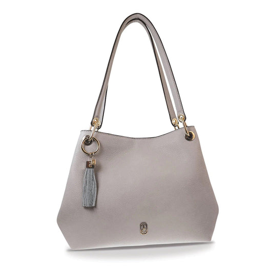 Tipperary Crystal Tote Bag - Sicily Grey (Yellow gold hardware)  Our effortless Sicily Shoulder Bag is so comfortable you’ll want to carry it everywhere. This bag is crafted using soft pebbled leather look PU, the contrast of this with the metal hardware makes for a very attractive and practical bag.
