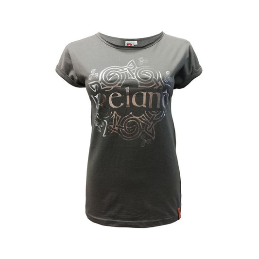 Women's Ireland Celtic Hologram T-Shirt Pewter Silver  This pewter silver T-shirt features intricate Celtic details, perfect for expressing one's Irish heritage.