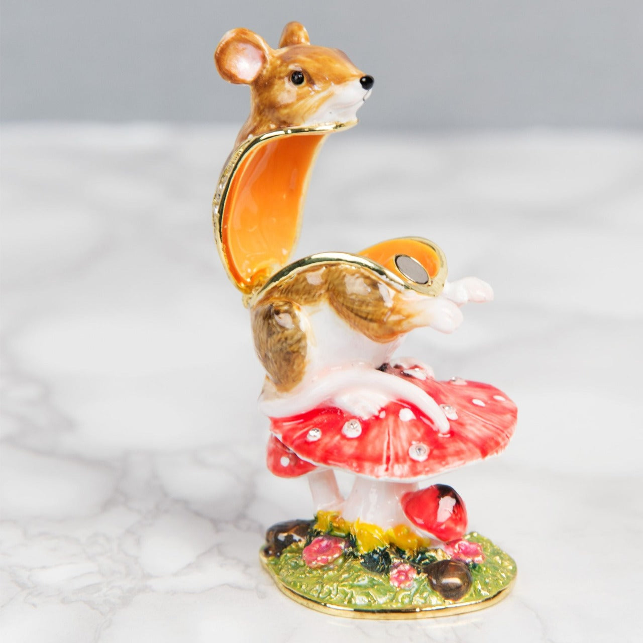 Treasured Trinket - Mouse on Toadstool  A beautiful, hand painted and crystal finished trinket box of a mouse sat on a toadstool from Treasured Trinkets.
