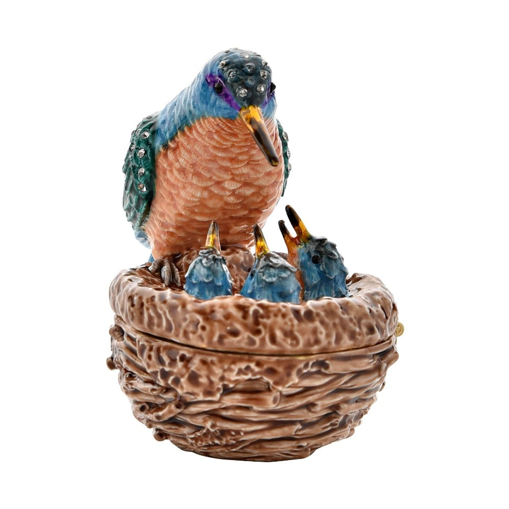 The lovingly made trinket box makes a true statement piece for any bedroom with its dazzling kingfisher family design.
