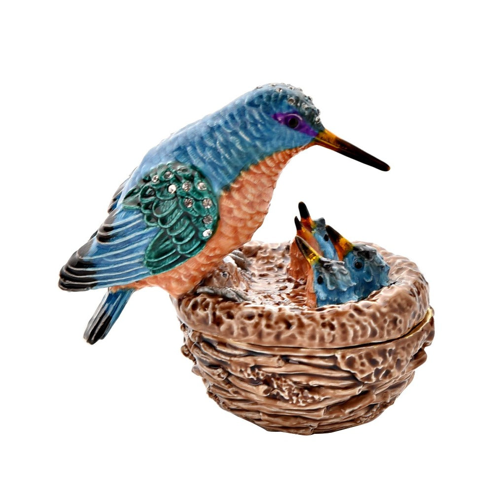 The lovingly made trinket box makes a true statement piece for any bedroom with its dazzling kingfisher family design.