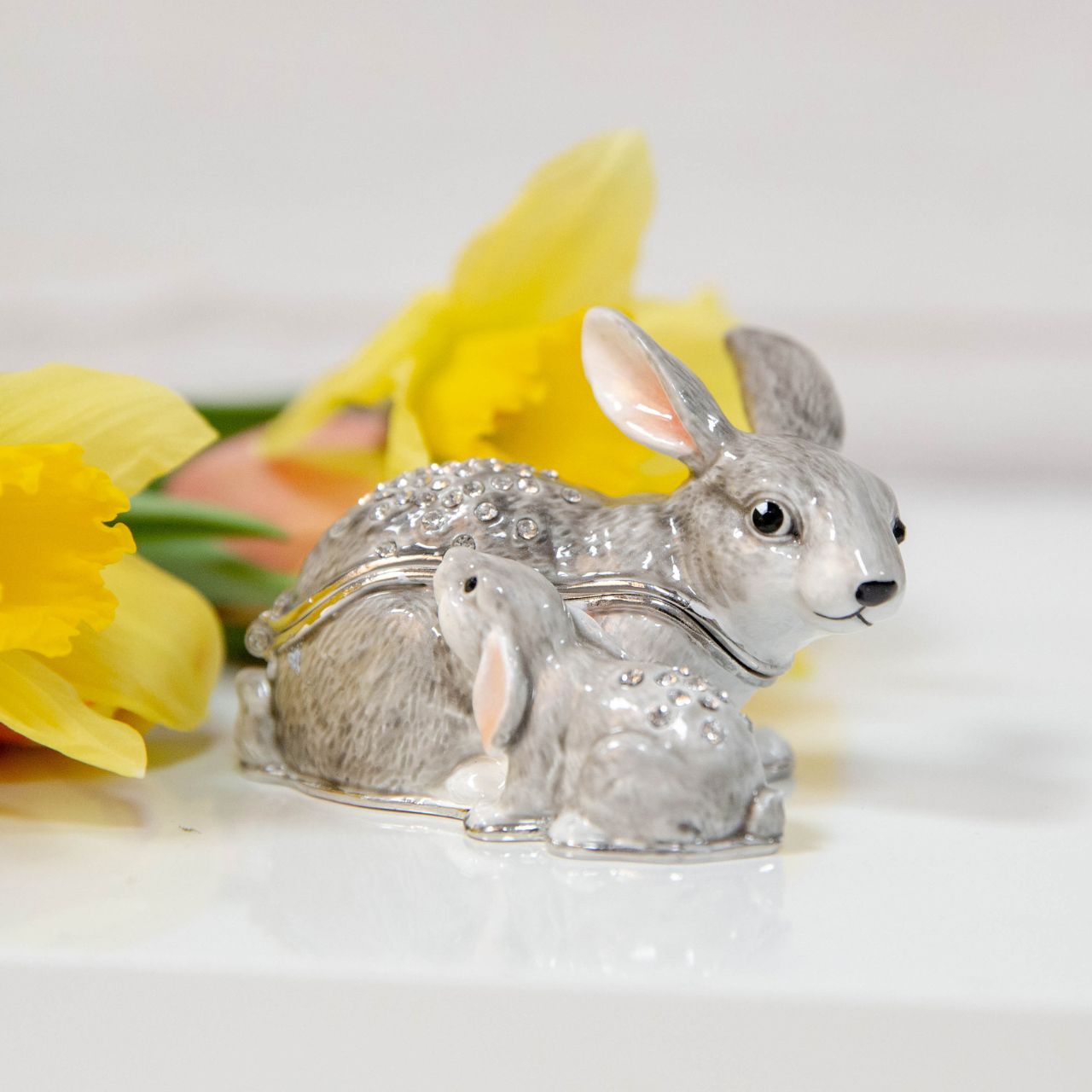 Treasured Trinkets - Rabbit with Baby  A beautiful, die-cast crystal set mother and baby rabbit trinket box. From Treasured Trinkets by STRATTON® - hand painted, collectable trinkets to be treasured for a lifetime.
