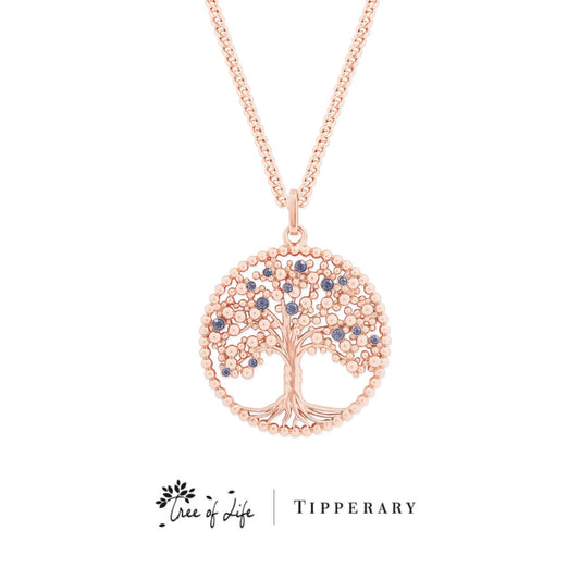 Tipperary Crystal Tree of Life Bead Circle with Blue CZ Rose Gold Pendant  The tree of life is a symbol of a fresh start on life, positive energy, good health and a bright future. The symbolism of the Tree of Life is ultimately about the forces of nature combining to create balance and harmony. The branches reach for the sky, the roots reach down into the ground.