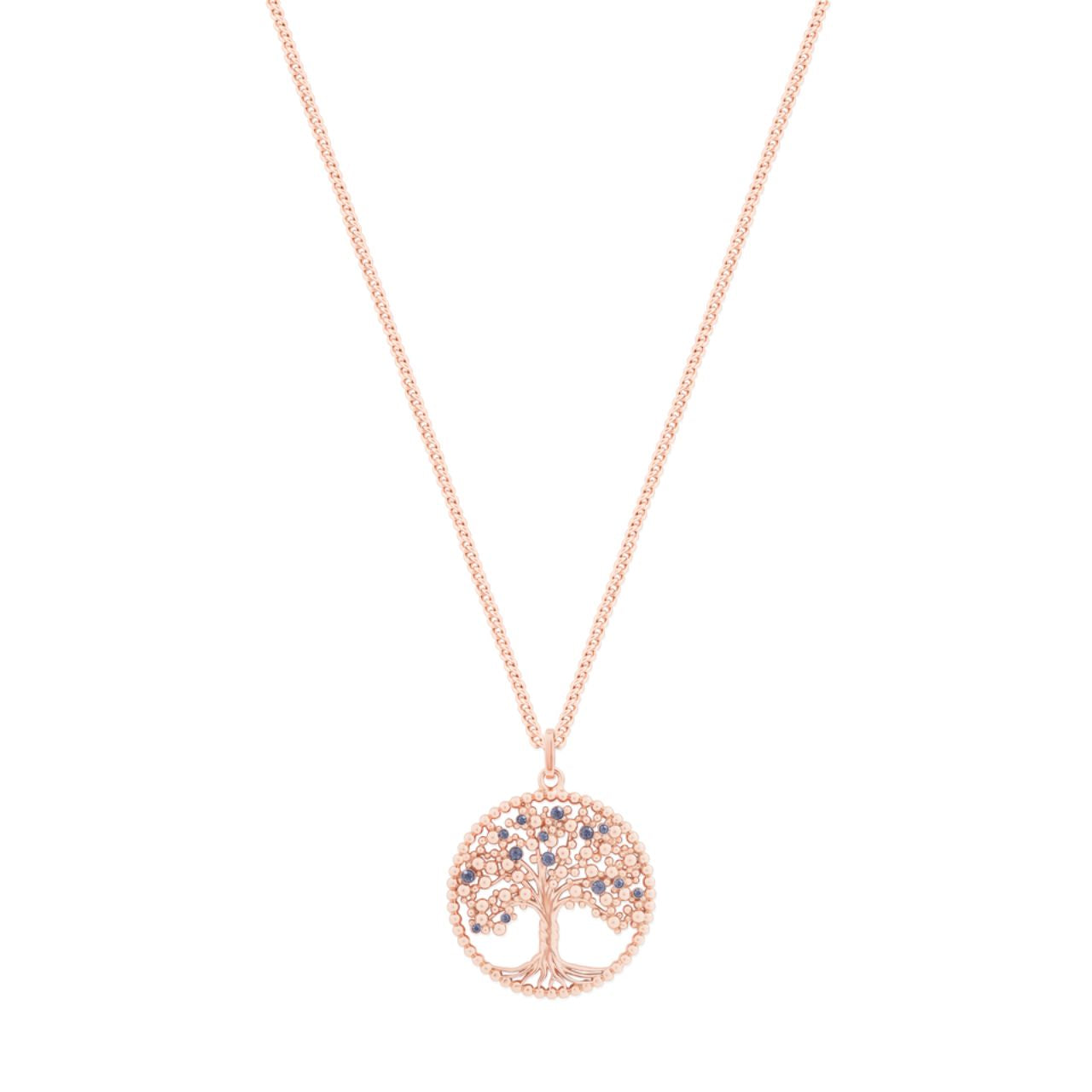 Tipperary Crystal Tree of Life Bead Circle with Blue CZ Rose Gold Pendant  The tree of life is a symbol of a fresh start on life, positive energy, good health and a bright future. The symbolism of the Tree of Life is ultimately about the forces of nature combining to create balance and harmony.