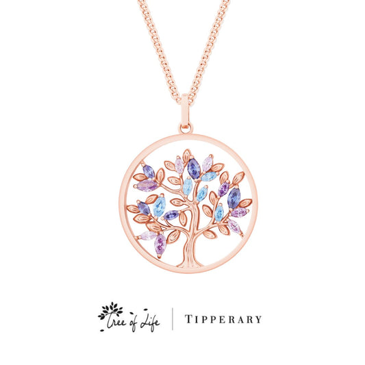 Tipperary Crystal Tree of Life Circle Blue Marquise CZ Rose Gold Pendant  The tree of life is a symbol of a fresh start on life, positive energy, good health and a bright future. The symbolism of the Tree of Life is ultimately about the forces of nature combining to create balance and harmony. The branches reach for the sky, the roots reach down into the ground.