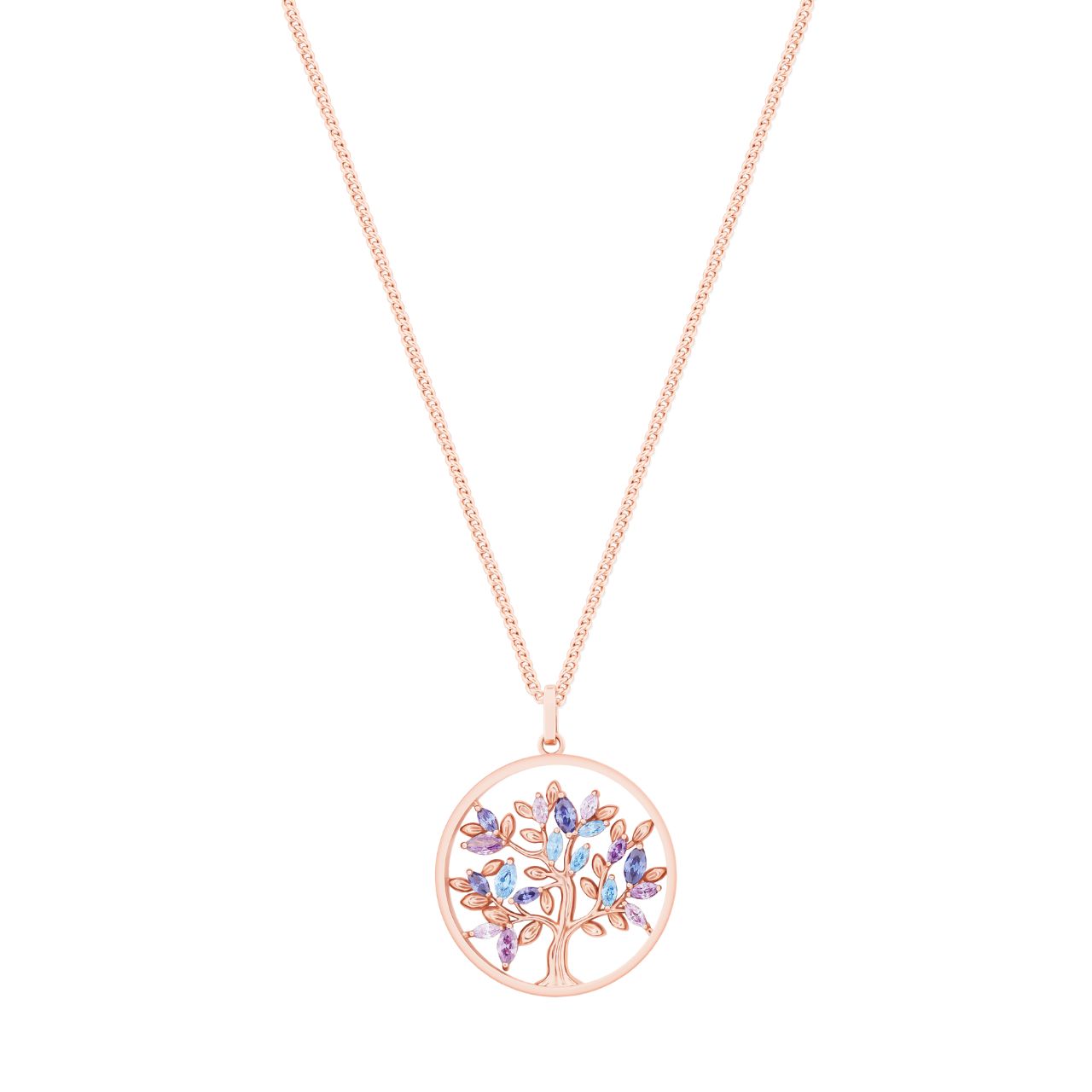 Tipperary Crystal Tree of Life Circle Blue Marquise CZ Rose Gold Pendant  The tree of life is a symbol of a fresh start on life, positive energy, good health and a bright future. The symbolism of the Tree of Life is ultimately about the forces of nature combining to create balance and harmony.