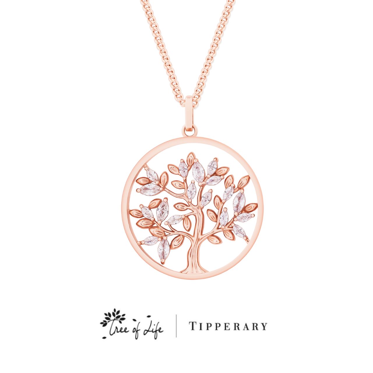 Tipperary Crystal Tree of Life Circle with Clear Marquise CZ Rose Gold Pendant  The tree of life is a symbol of a fresh start on life, positive energy, good health and a bright future. The symbolism of the Tree of Life is ultimately about the forces of nature combining to create balance and harmony. The branches reach for the sky, the roots reach down into the ground.
