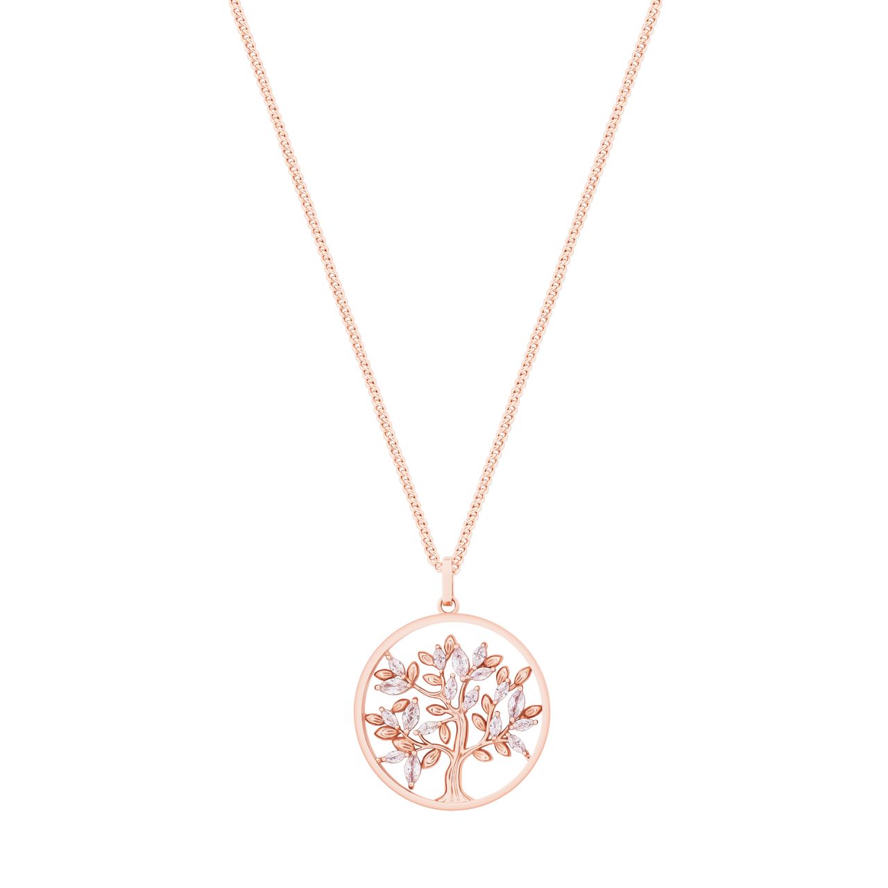 Tipperary Crystal Tree of Life Circle with Clear Marquise CZ Rose Gold Pendant  The tree of life is a symbol of a fresh start on life, positive energy, good health and a bright future. The symbolism of the Tree of Life is ultimately about the forces of nature combining to create balance and harmony.