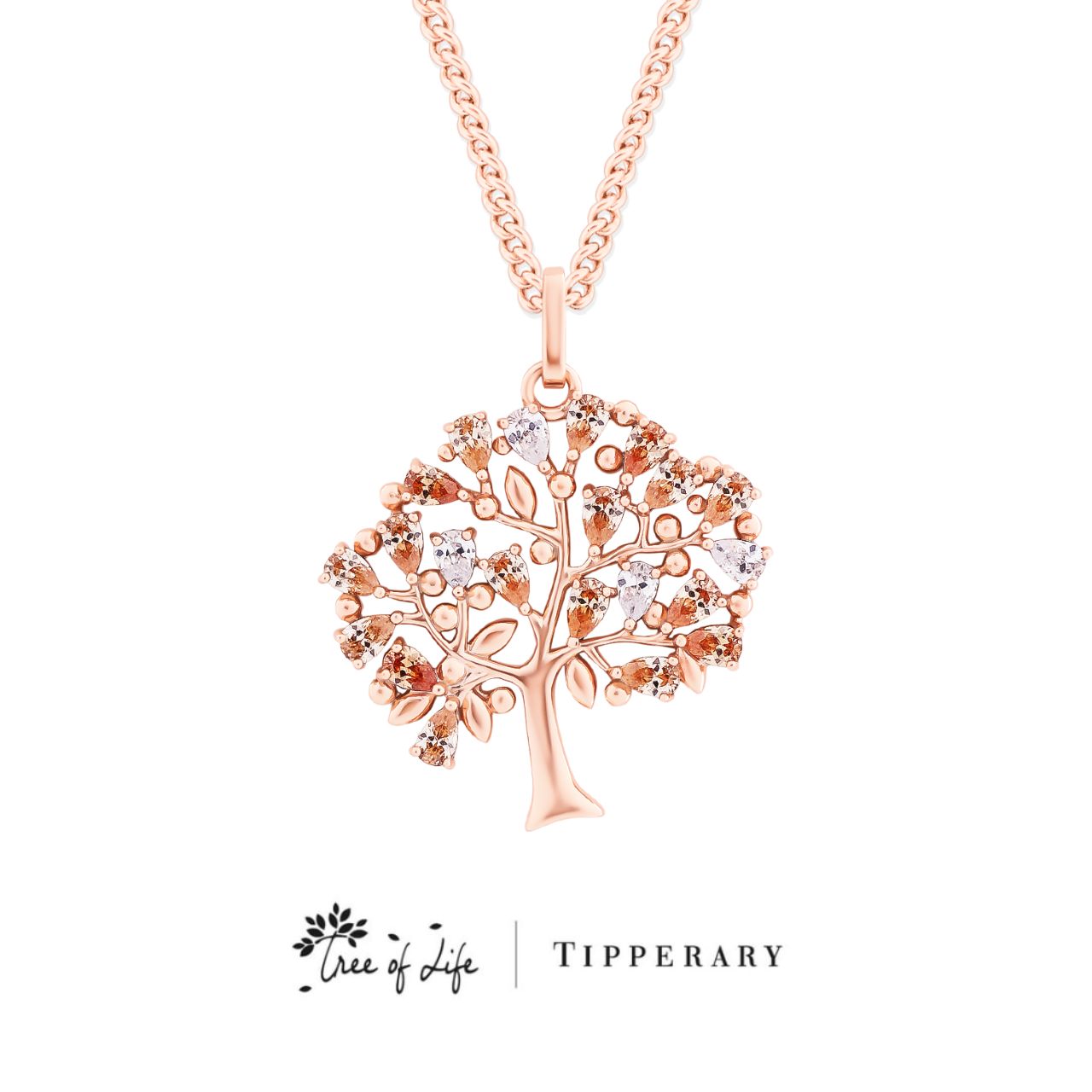 Tipperary Crystal Tree of Life & Clear Tear Drop CZ Rose Gold Pendant  The tree of life is a symbol of a fresh start on life, positive energy, good health and a bright future. The symbolism of the Tree of Life is ultimately about the forces of nature combining to create balance and harmony. The branches reach for the sky, the roots reach down into the ground.