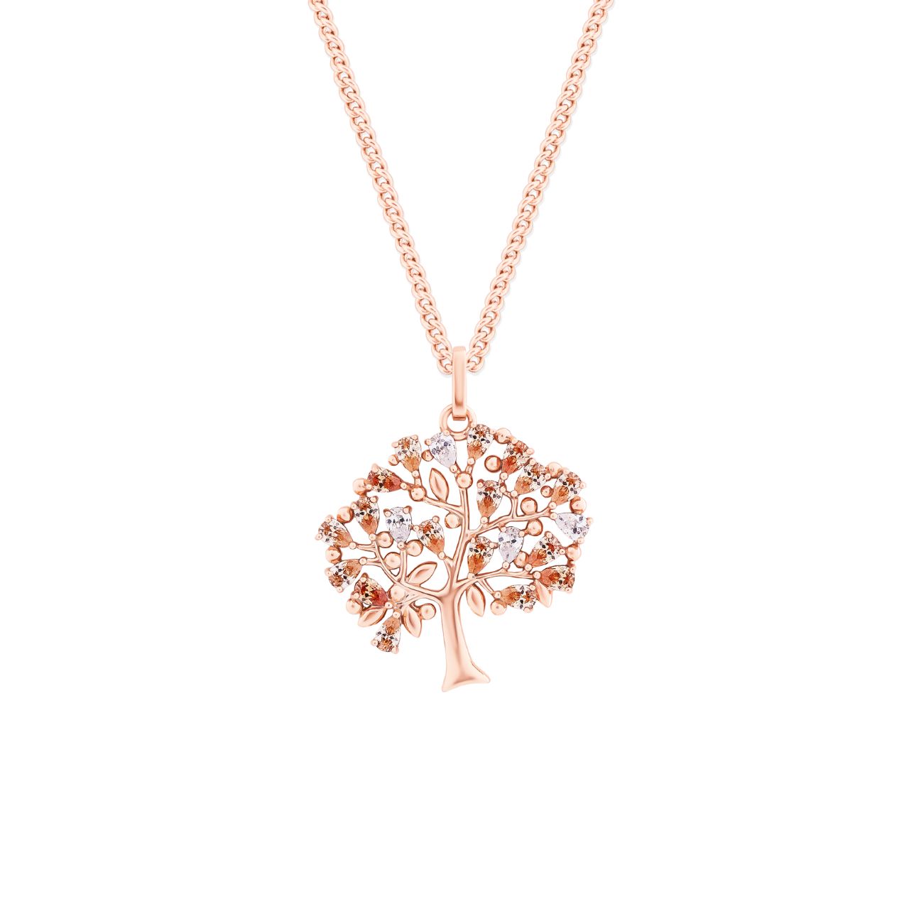 Tipperary Crystal Tree of Life & Clear Tear Drop CZ Rose Gold Pendant  The tree of life is a symbol of a fresh start on life, positive energy, good health and a bright future. The symbolism of the Tree of Life is ultimately about the forces of nature combining to create balance and harmony. The branches reach for the sky, the roots reach down into the ground.