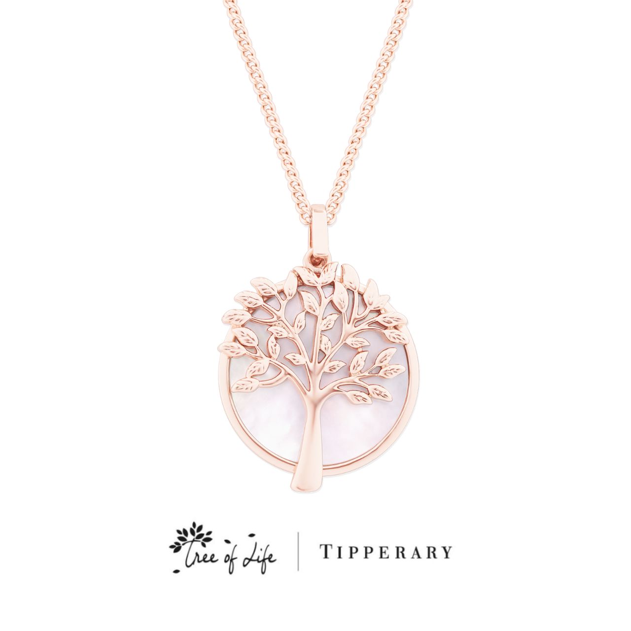 Tipperary Crystal Tree of Life & Mother of Pearl Rose Gold Pendant  The tree of life is a symbol of a fresh start on life, positive energy, good health and a bright future. The symbolism of the Tree of Life is ultimately about the forces of nature combining to create balance and harmony. The branches reach for the sky, the roots reach down into the ground.